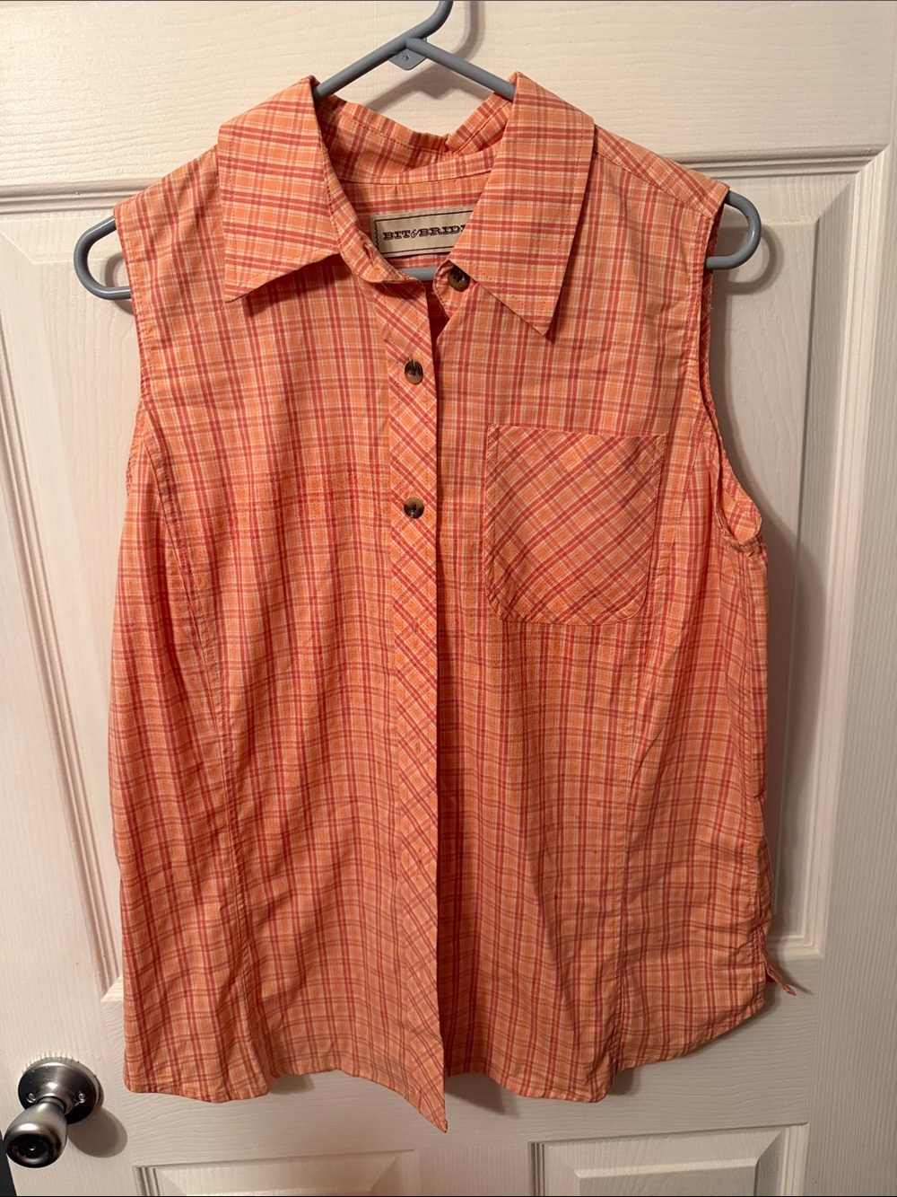 Sleeveless Button-Down Plaid Shirt in Orange by